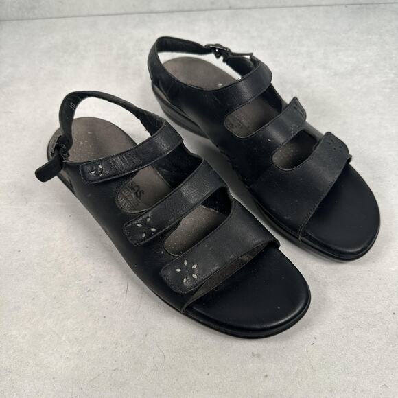 SAS Sandals Womens Size 10 Black Leather Huggy Tripad Comfort Slingback Straps - Picture 1 of 10